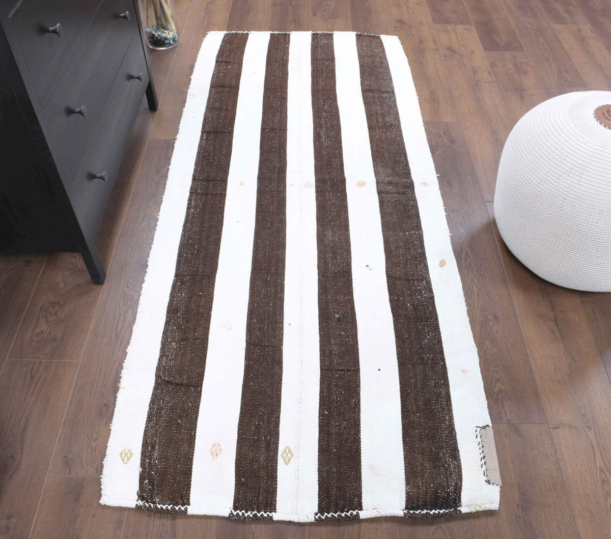 El yapımı vintage yolluk 89x208 cm çizgili desenli yün - yakın çekim doku detayı
