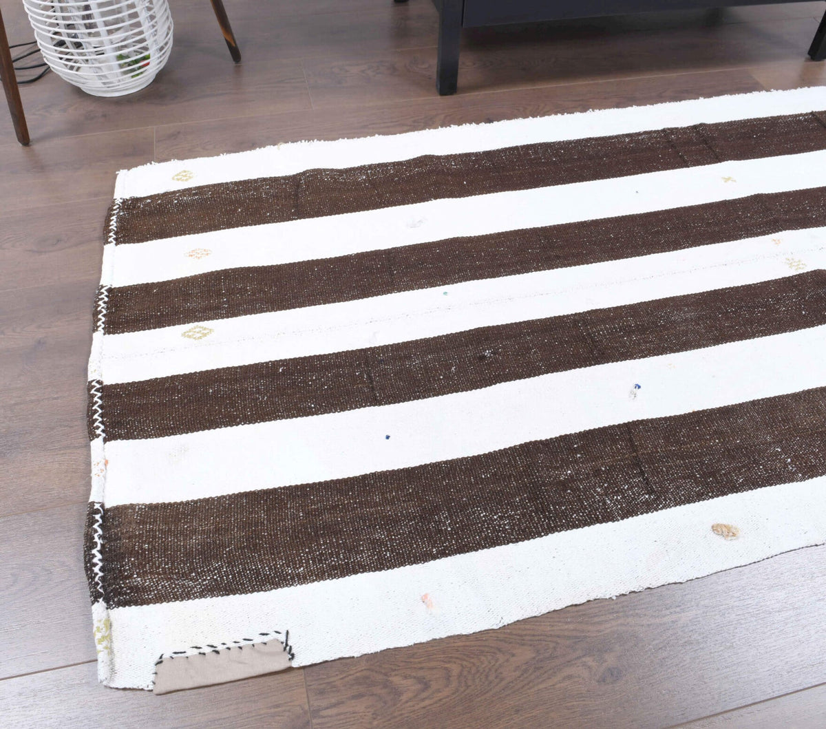 El yapımı vintage yolluk 89x208 cm çizgili desenli yün - kenar ve saçak detayı