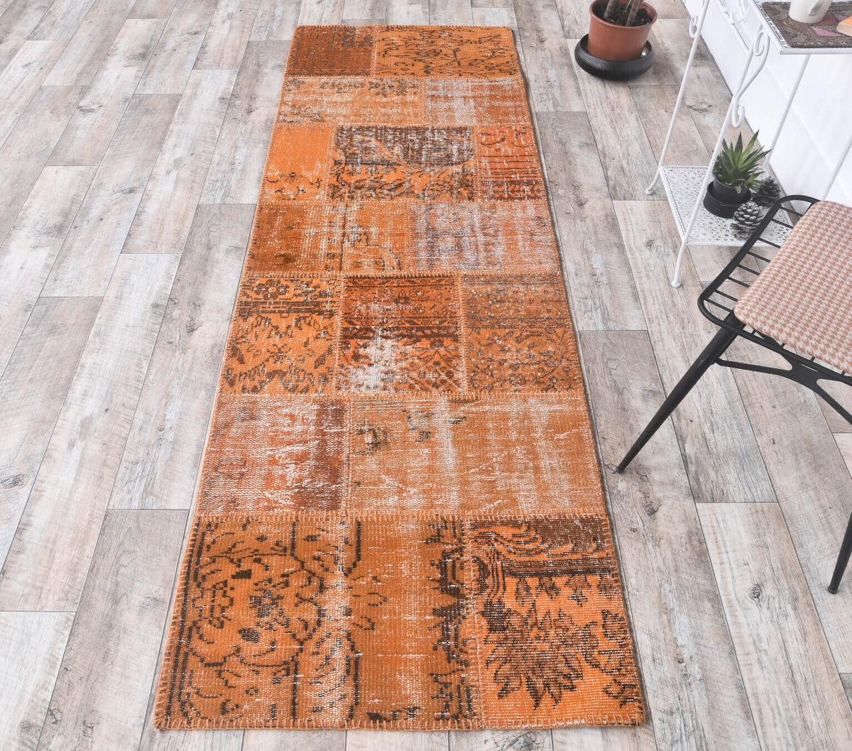 El yapımı vintage yolluk 81x249 cm soyut desenli yün - kenar ve saçak detayı