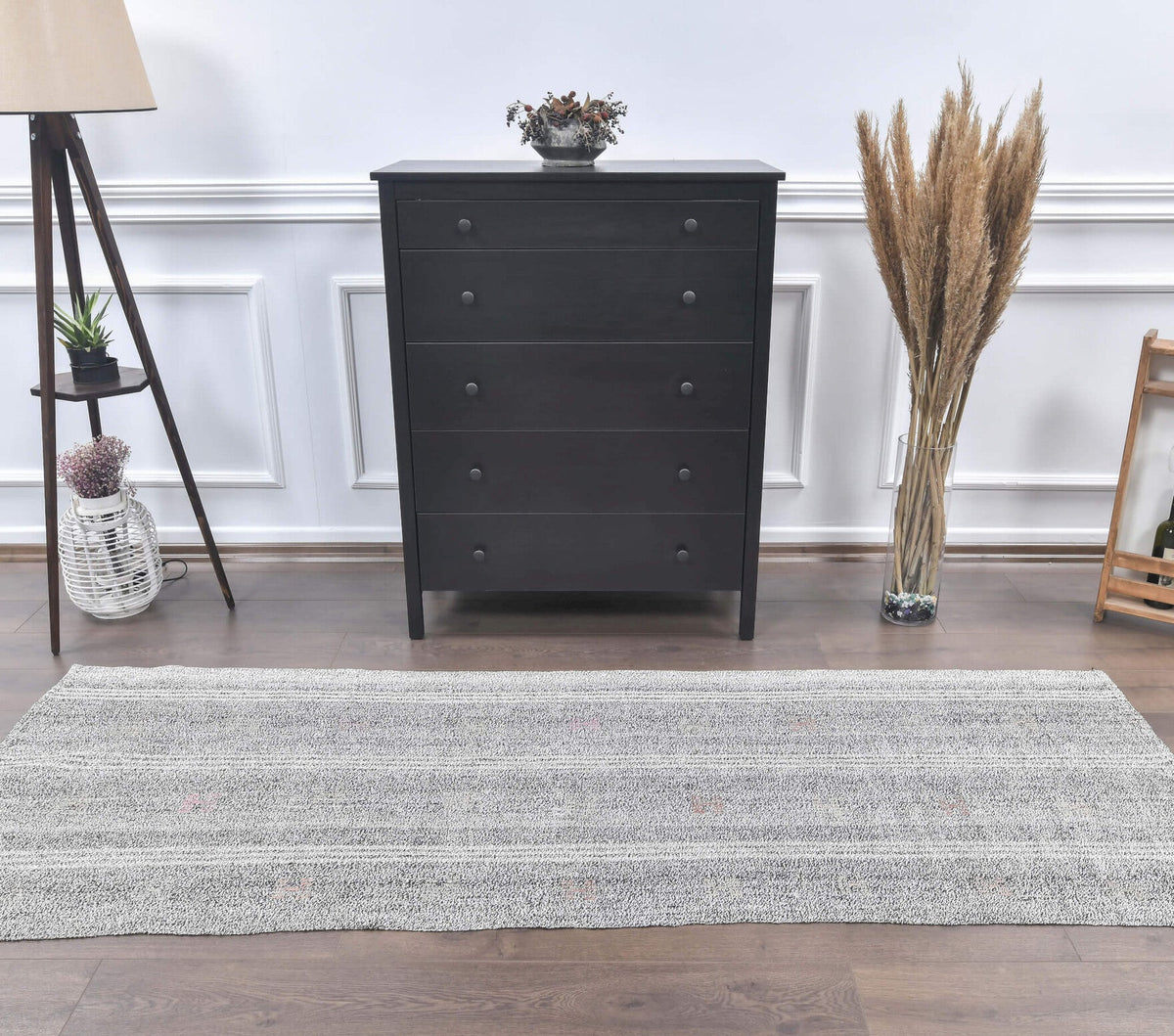 El yapımı vintage yolluk 91x249 cm düz desenli yün - yakın çekim doku detayı