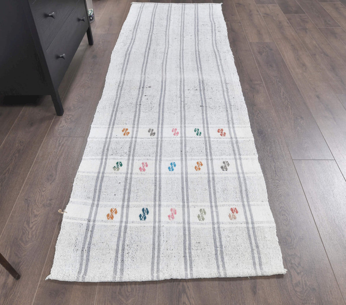 El yapımı vintage yolluk 79x257 cm çizgili desenli yün - yakın çekim doku detayı