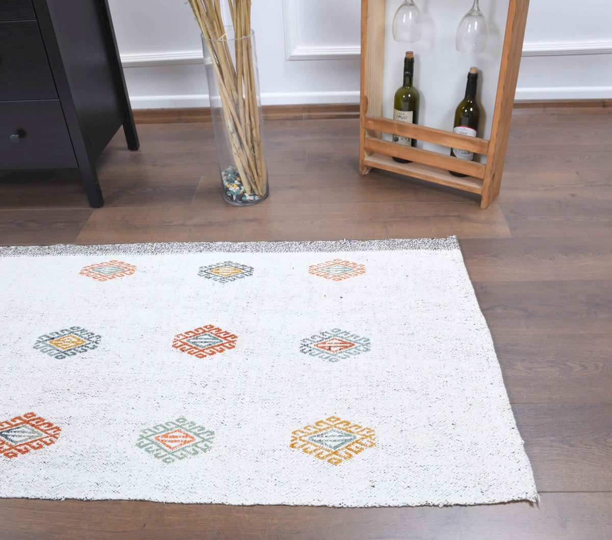 El yapımı vintage yolluk 79x241 cm düz desenli yün - kenar ve saçak detayı