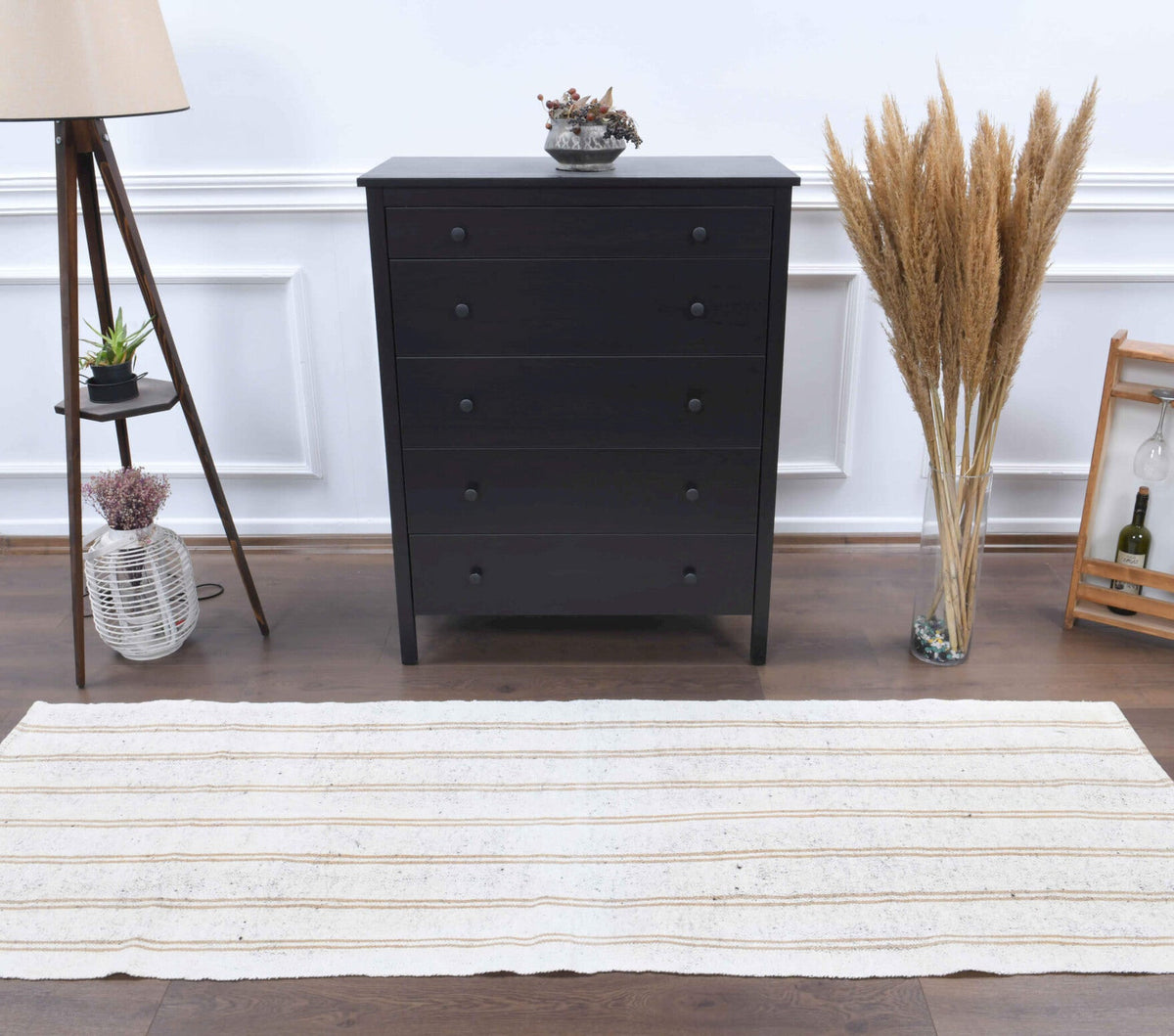 El yapımı vintage yolluk 81x244 cm çizgili desenli yün - yakın çekim doku detayı