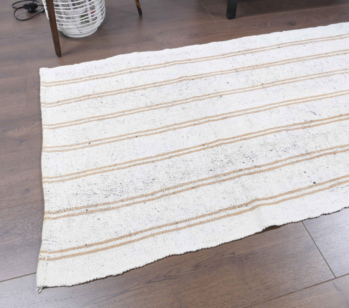 El yapımı vintage yolluk 81x244 cm çizgili desenli yün - kenar ve saçak detayı