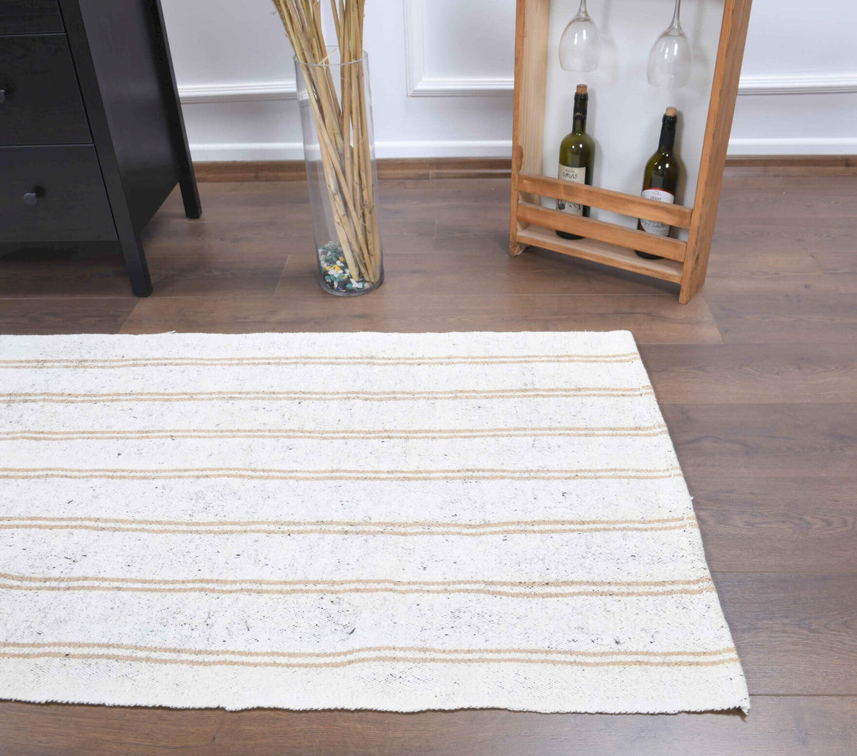 El yapımı vintage yolluk 81x244 cm çizgili desenli yün - yakın çekim doku detayı