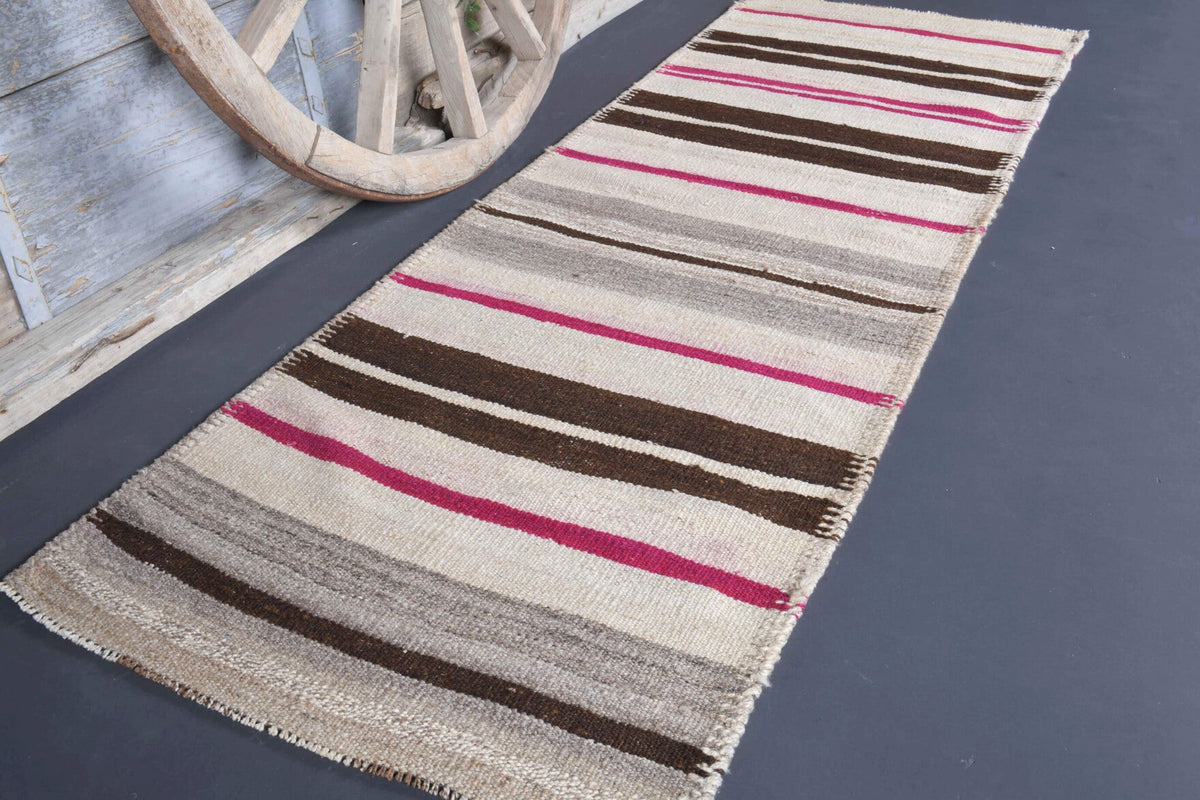 El yapımı vintage yolluk 81x229 cm çizgili desenli yün - yakın çekim doku detayı
