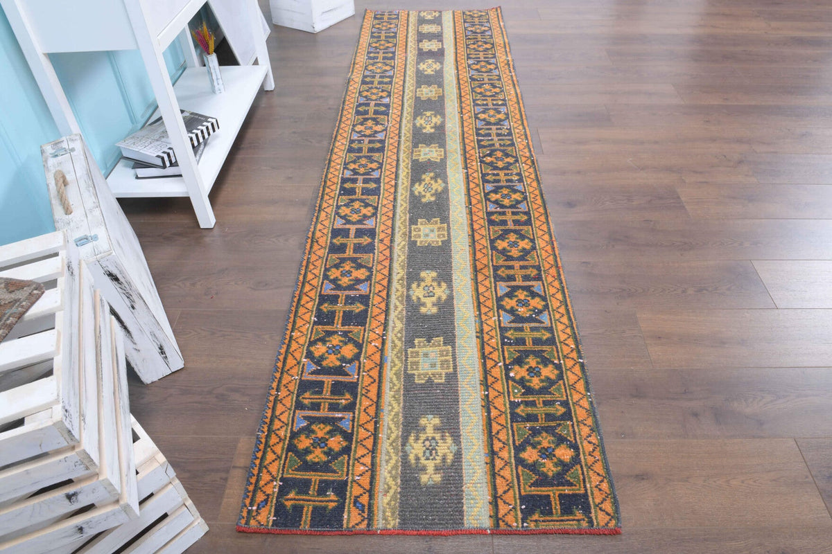 El yapımı vintage yolluk 76x284 cm oryantal desenli yün - yakın çekim doku detayı