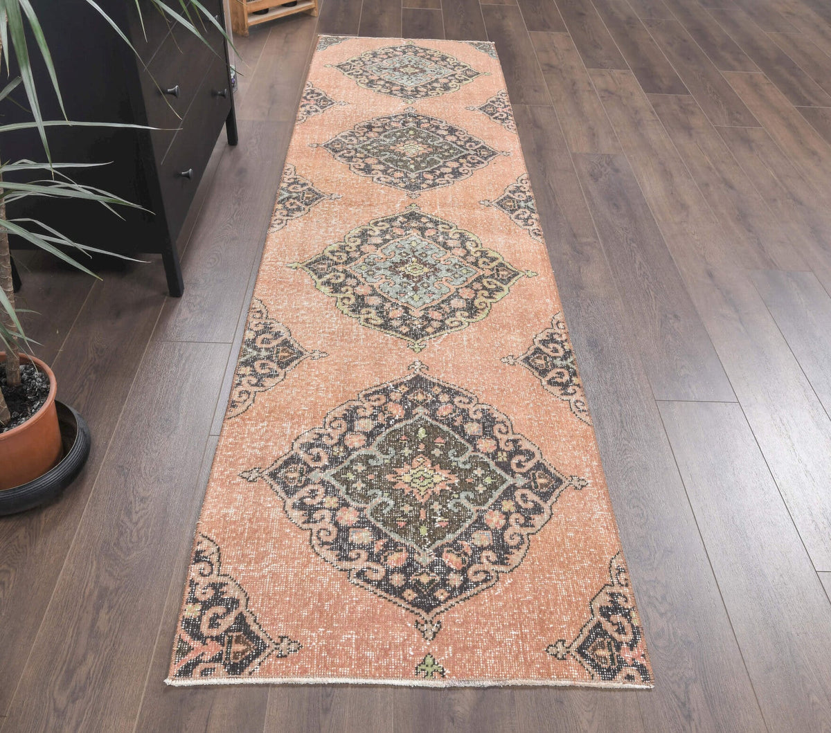 El yapımı vintage yolluk 79x287 cm oryantal desenli yün - yakın çekim doku detayı