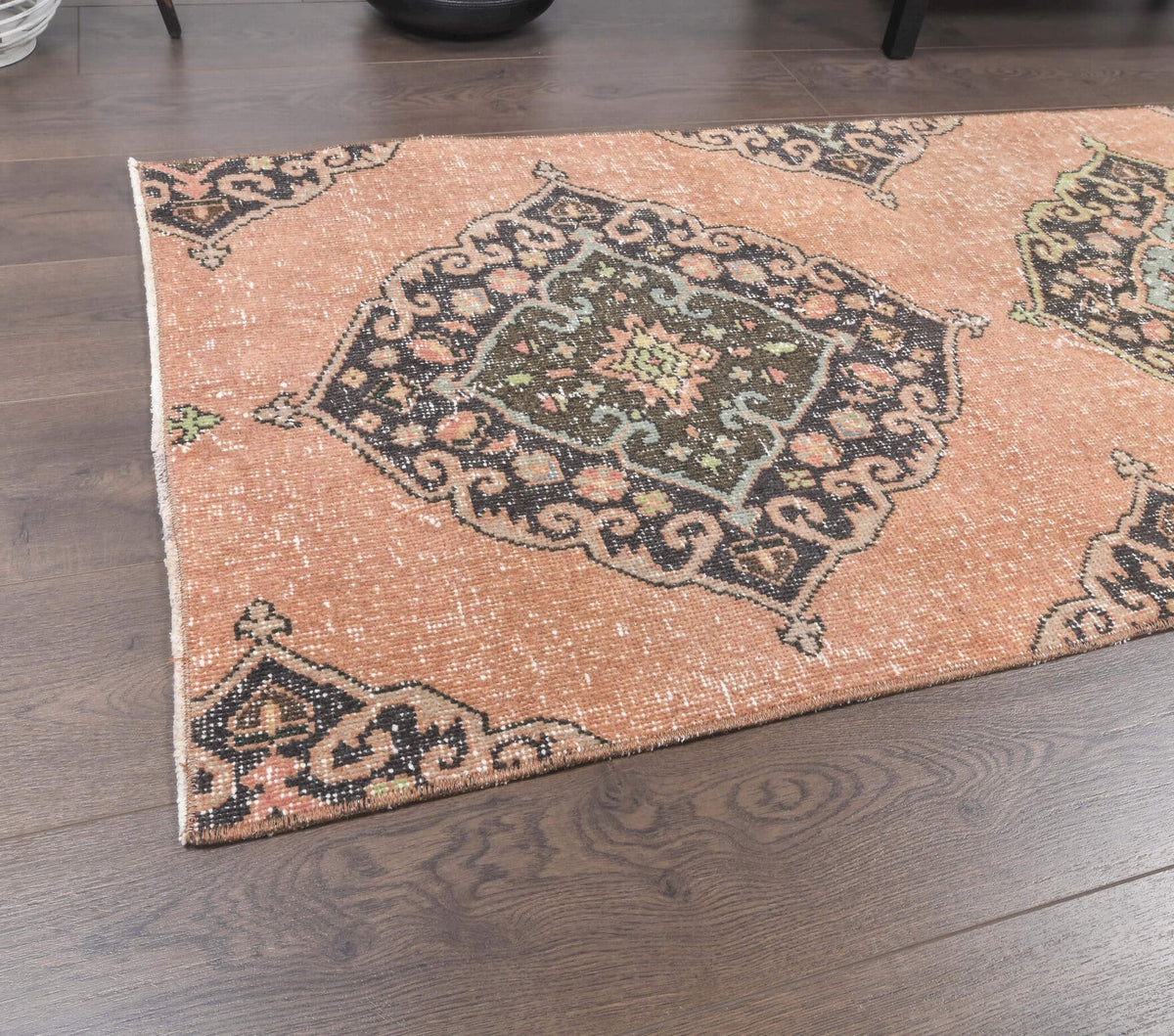 El yapımı vintage yolluk 79x287 cm oryantal desenli yün - kenar ve saçak detayı
