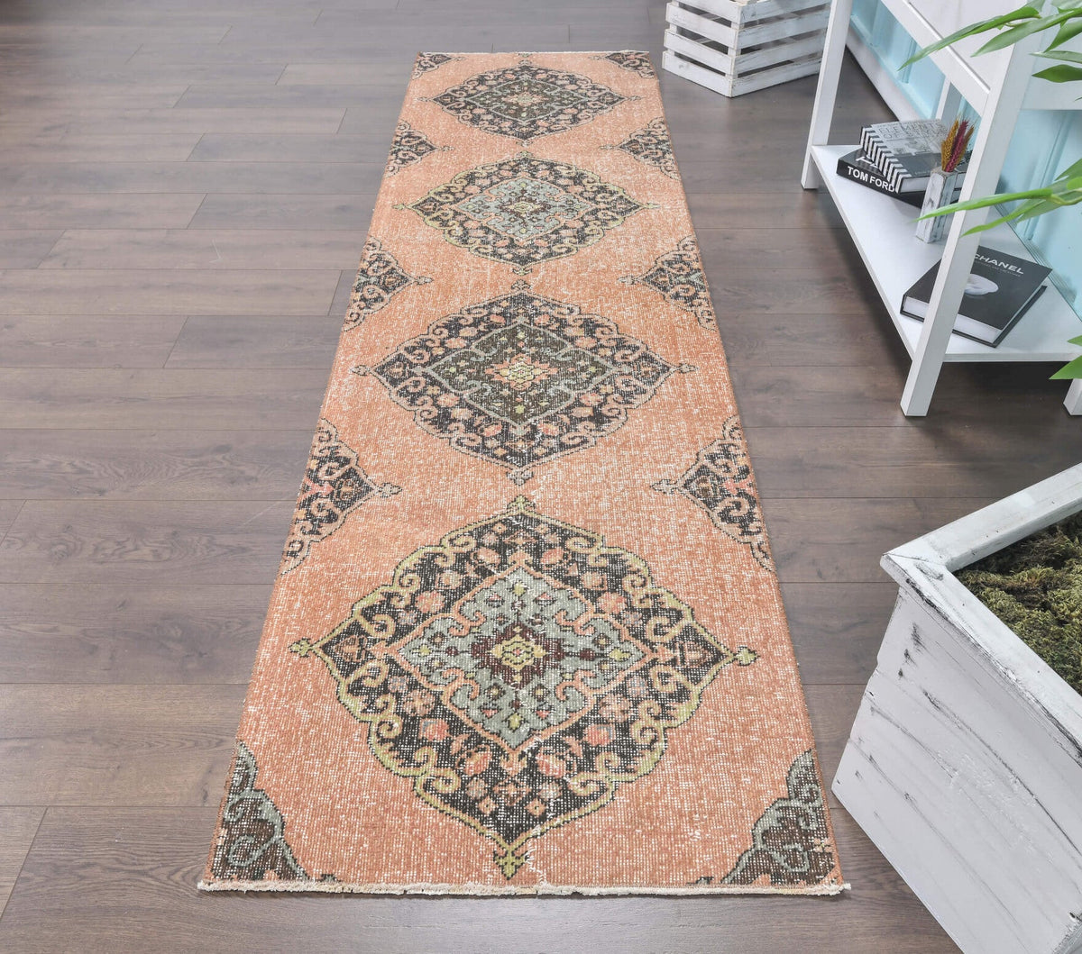 El yapımı vintage yolluk 79x287 cm oryantal desenli yün - üstten görünüm