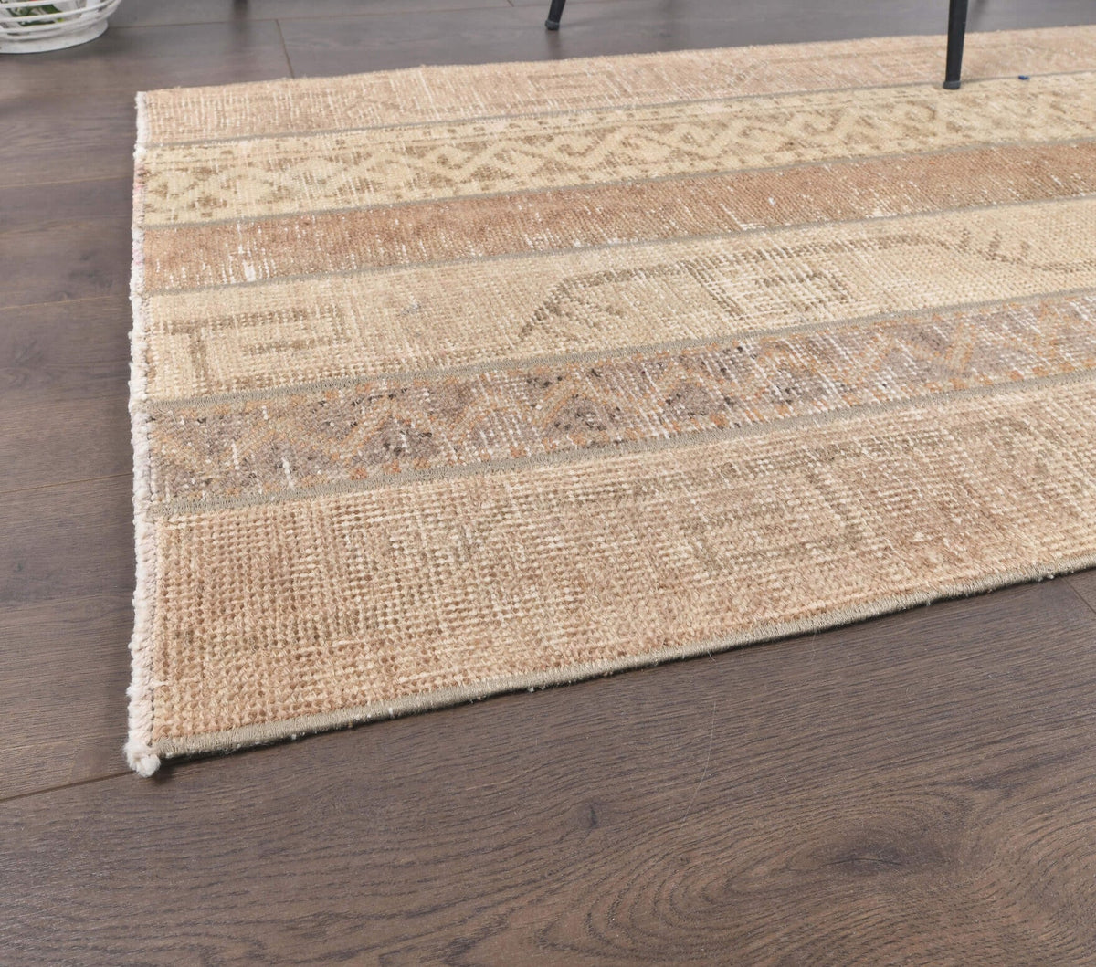 El yapımı vintage yolluk 79x279 cm soluk geometrik desenli yün - kenar ve saçak detayı