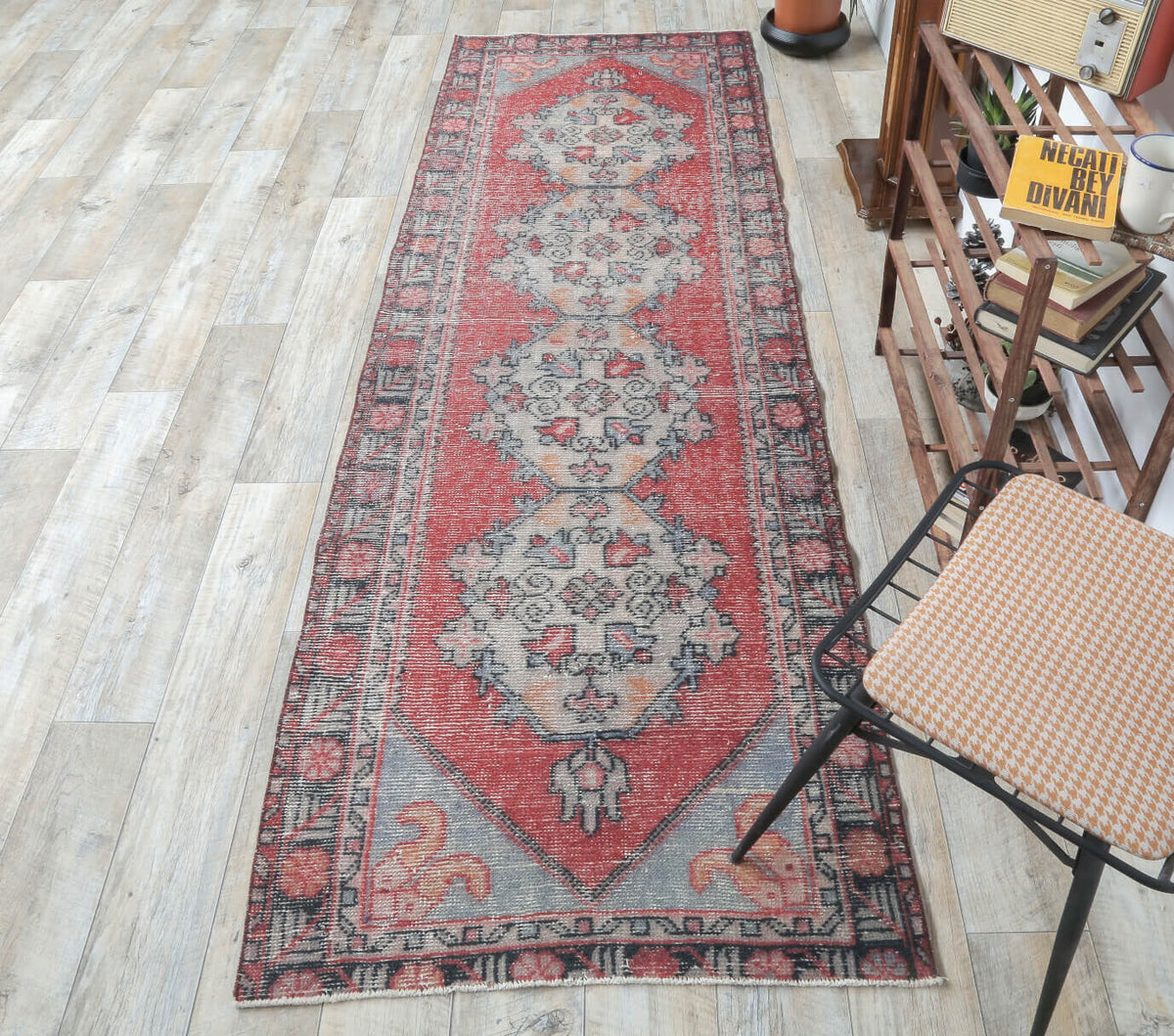 El yapımı vintage yolluk 91x290 cm oryantal desenli yün - kenar ve saçak detayı