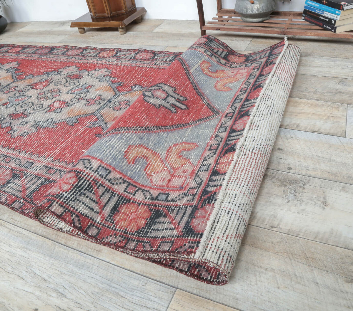 El yapımı vintage yolluk 91x290 cm oryantal desenli yün - üstten görünüm