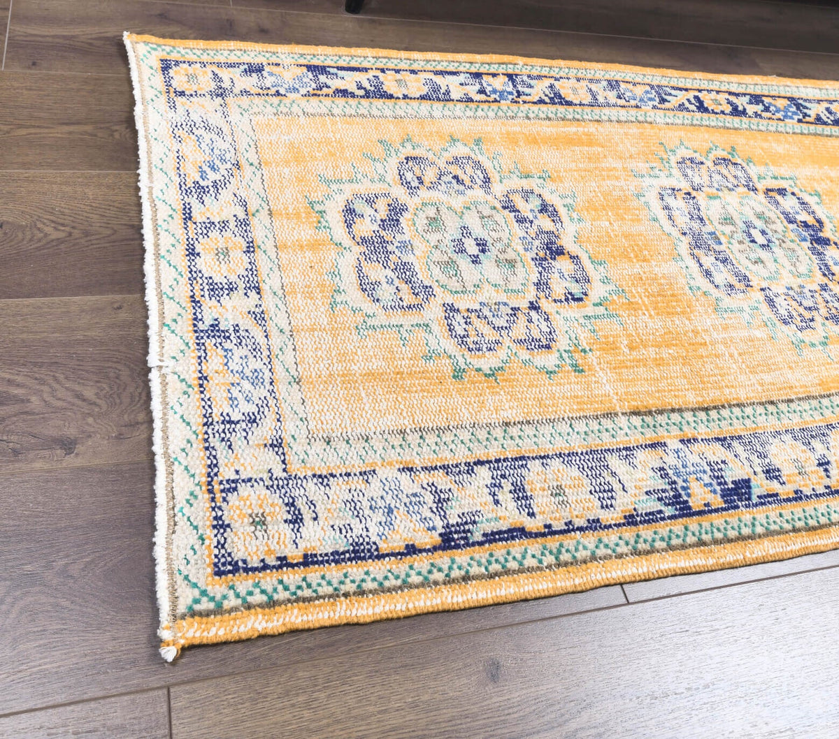 El yapımı vintage yolluk 81x277 cm geometrik desenli yün - kenar ve saçak detayı