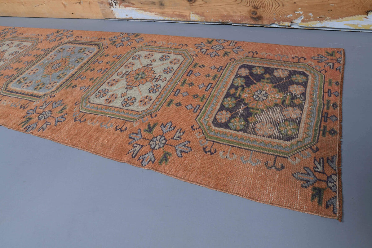 El yapımı vintage yolluk 89x274 cm çiçek desenli desenli yün - yakın çekim doku detayı