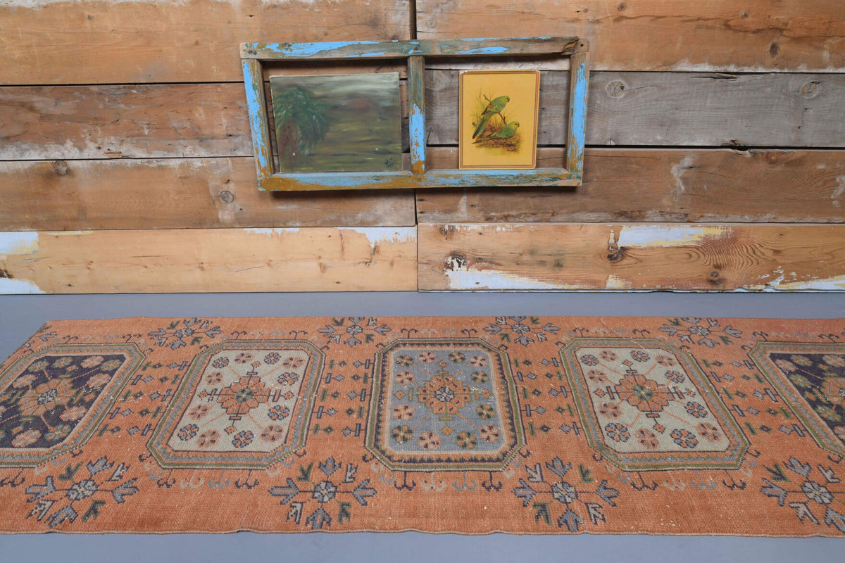 El yapımı vintage yolluk 89x274 cm çiçek desenli desenli yün - kenar ve saçak detayı