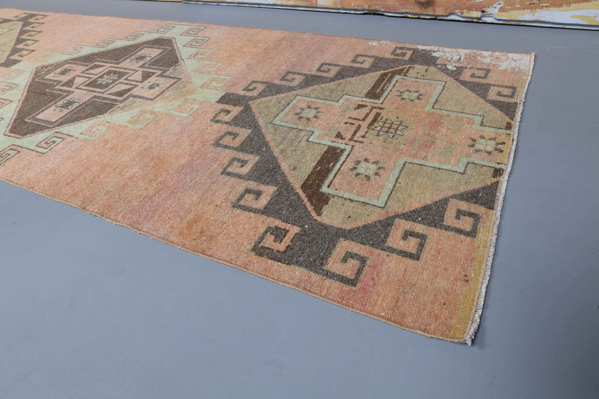 El yapımı vintage yolluk 94x262 cm geometrik desenli yün - kenar ve saçak detayı