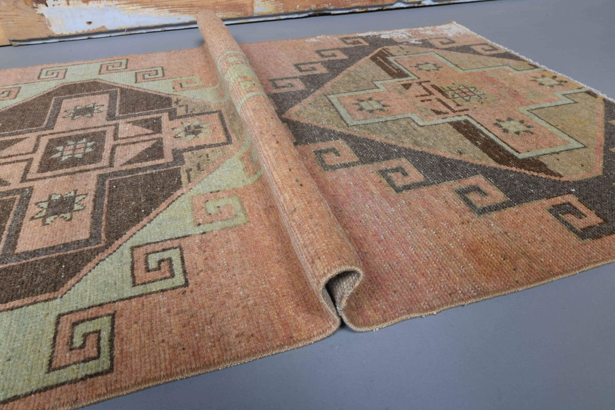 El yapımı vintage yolluk 94x262 cm geometrik desenli yün - üstten görünüm