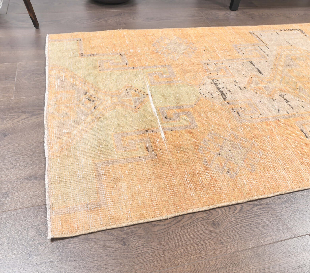 El yapımı vintage yolluk 86x259 cm geometrik desenli yün - kenar ve saçak detayı