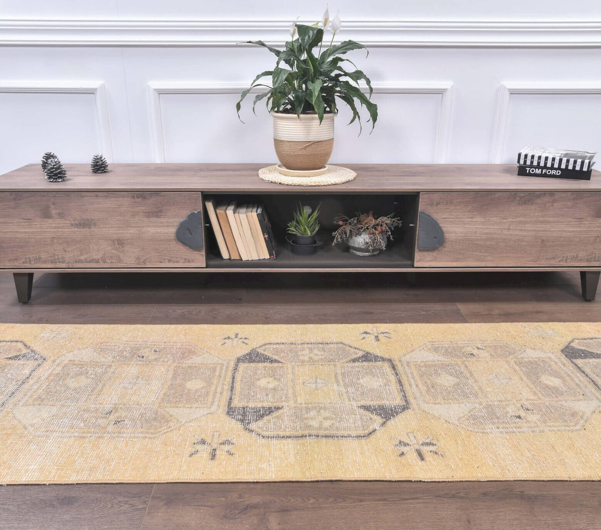 El yapımı vintage yolluk 81x290 cm i̇kat desenli yün - detay görünümü