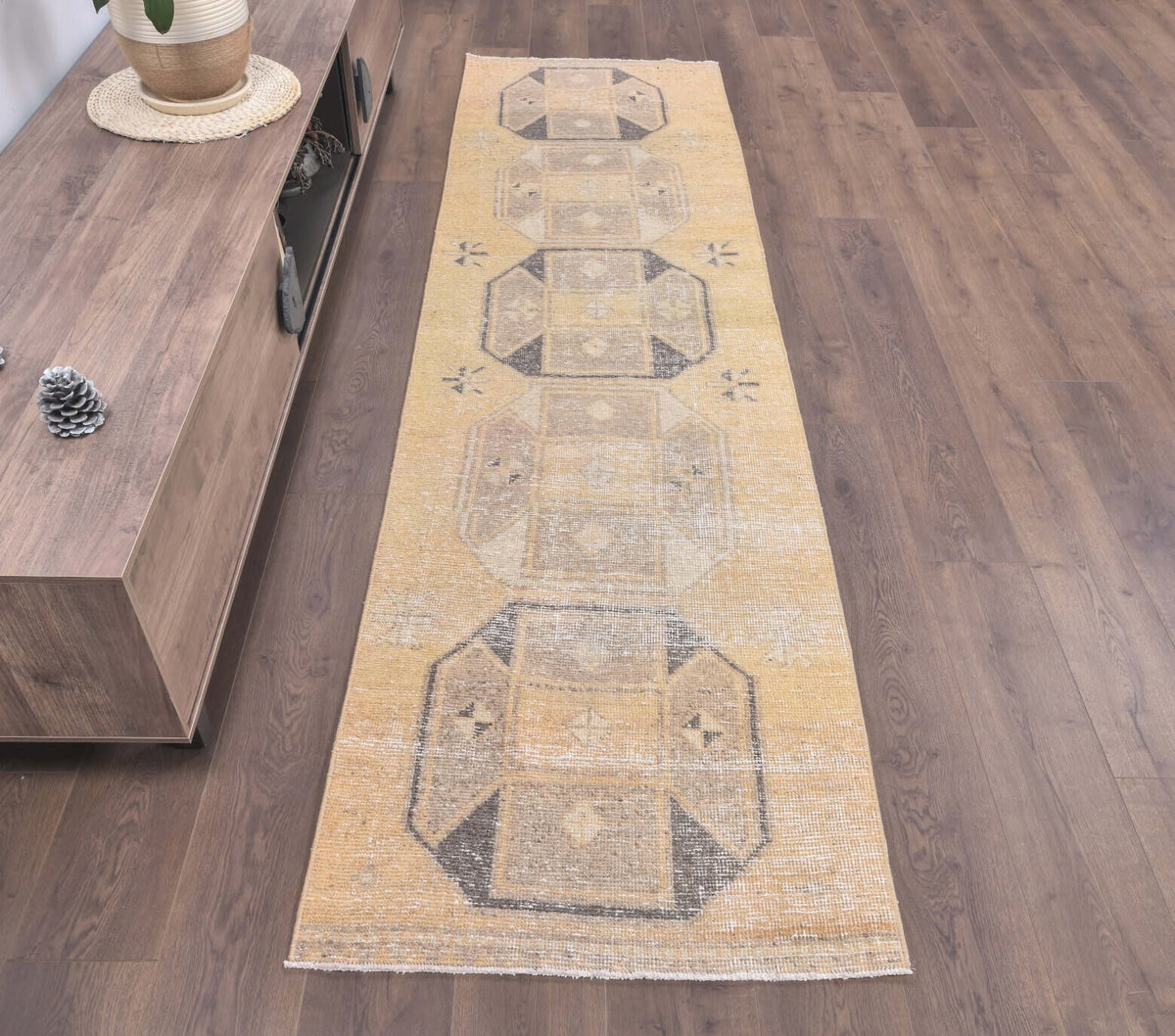 El yapımı vintage yolluk 81x290 cm i̇kat desenli yün - kenar ve saçak detayı