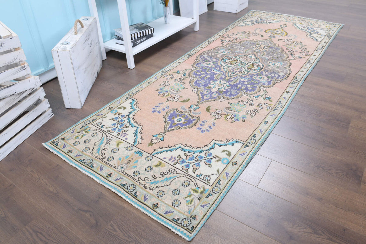 El yapımı vintage yolluk 94x279 cm oryantal desenli yün - kenar ve saçak detayı