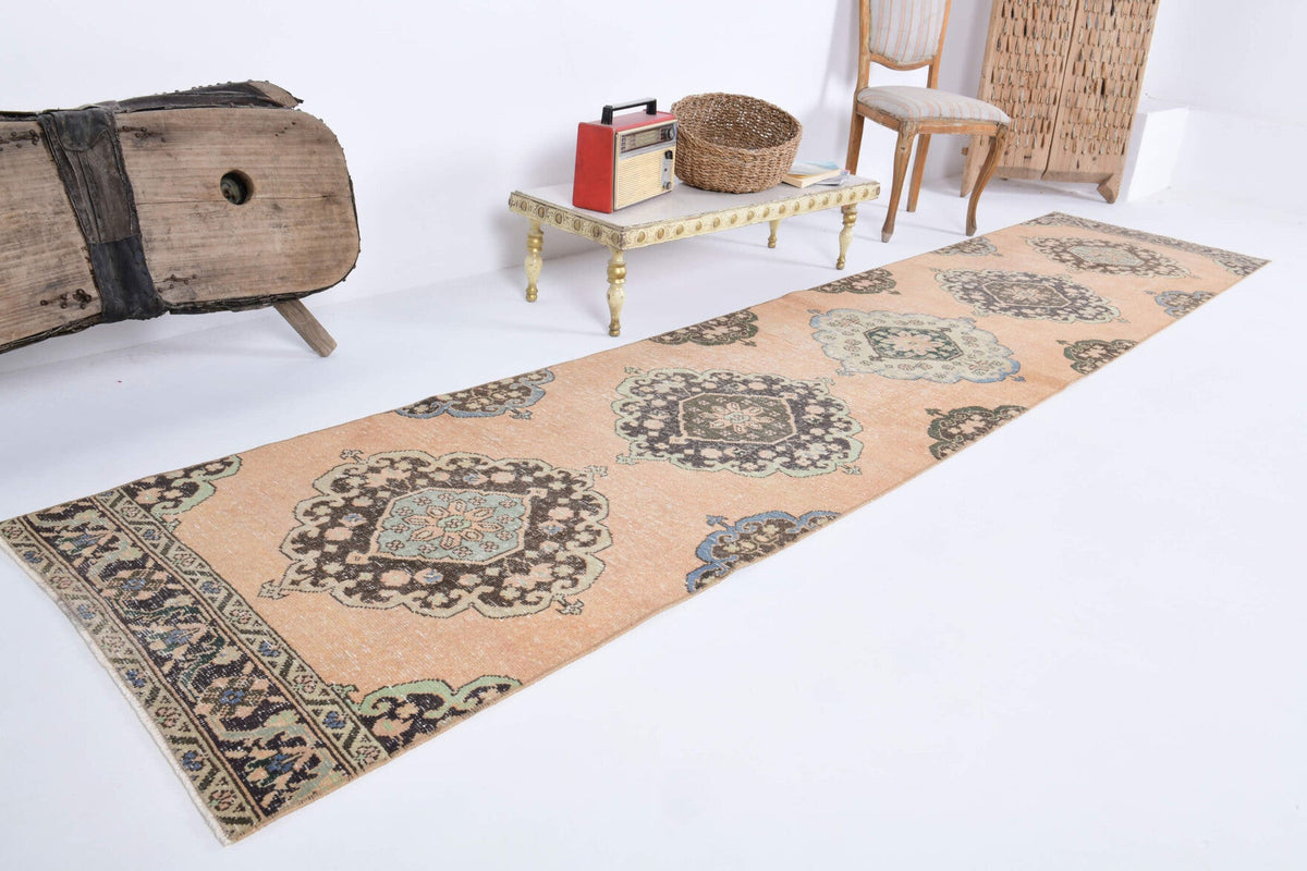 El yapımı vintage yolluk 81x287 cm oryantal desenli yün - yakın çekim doku detayı