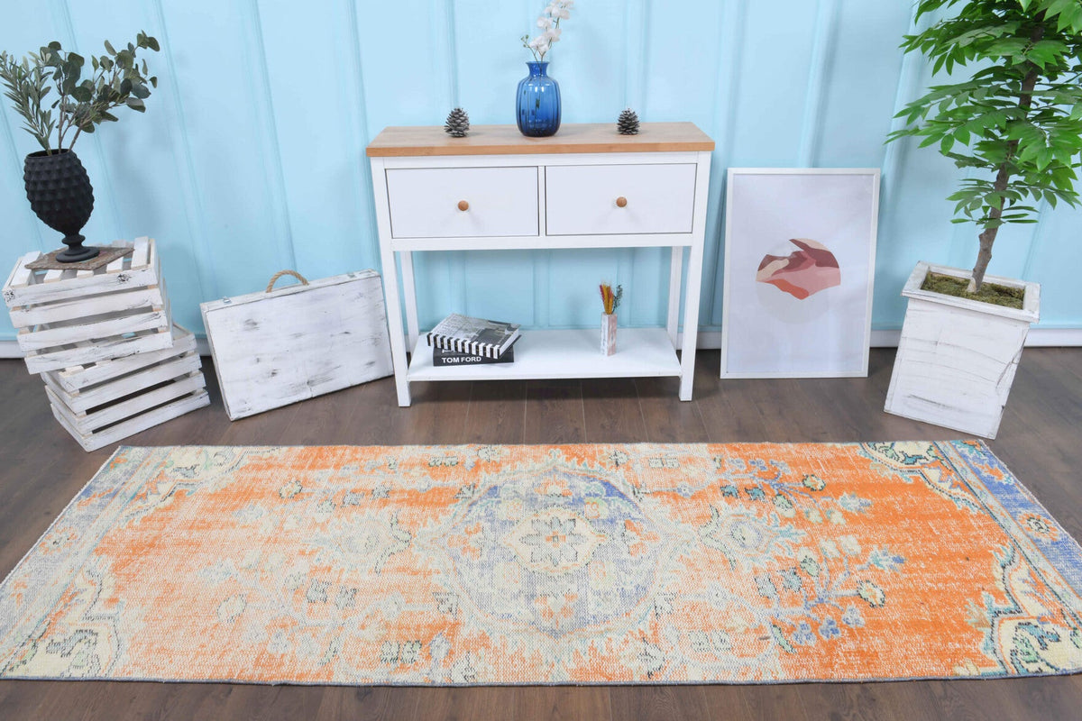 El yapımı vintage yolluk 89x269 cm oryantal desenli yün - yakın çekim doku detayı
