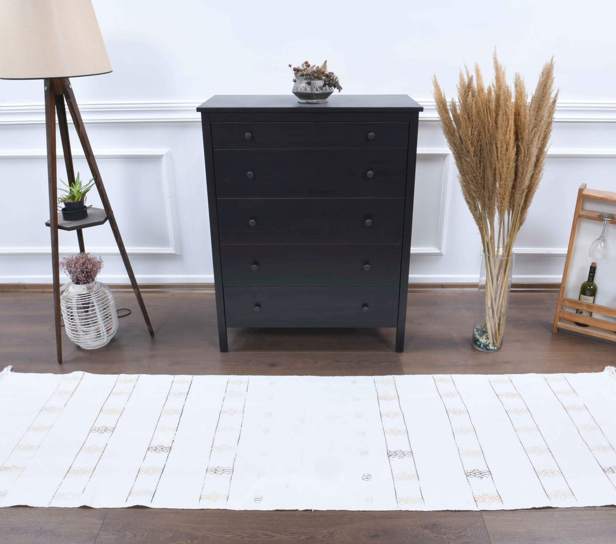 El yapımı vintage yolluk 76x272 cm kilim desenli yün - yakın çekim doku detayı