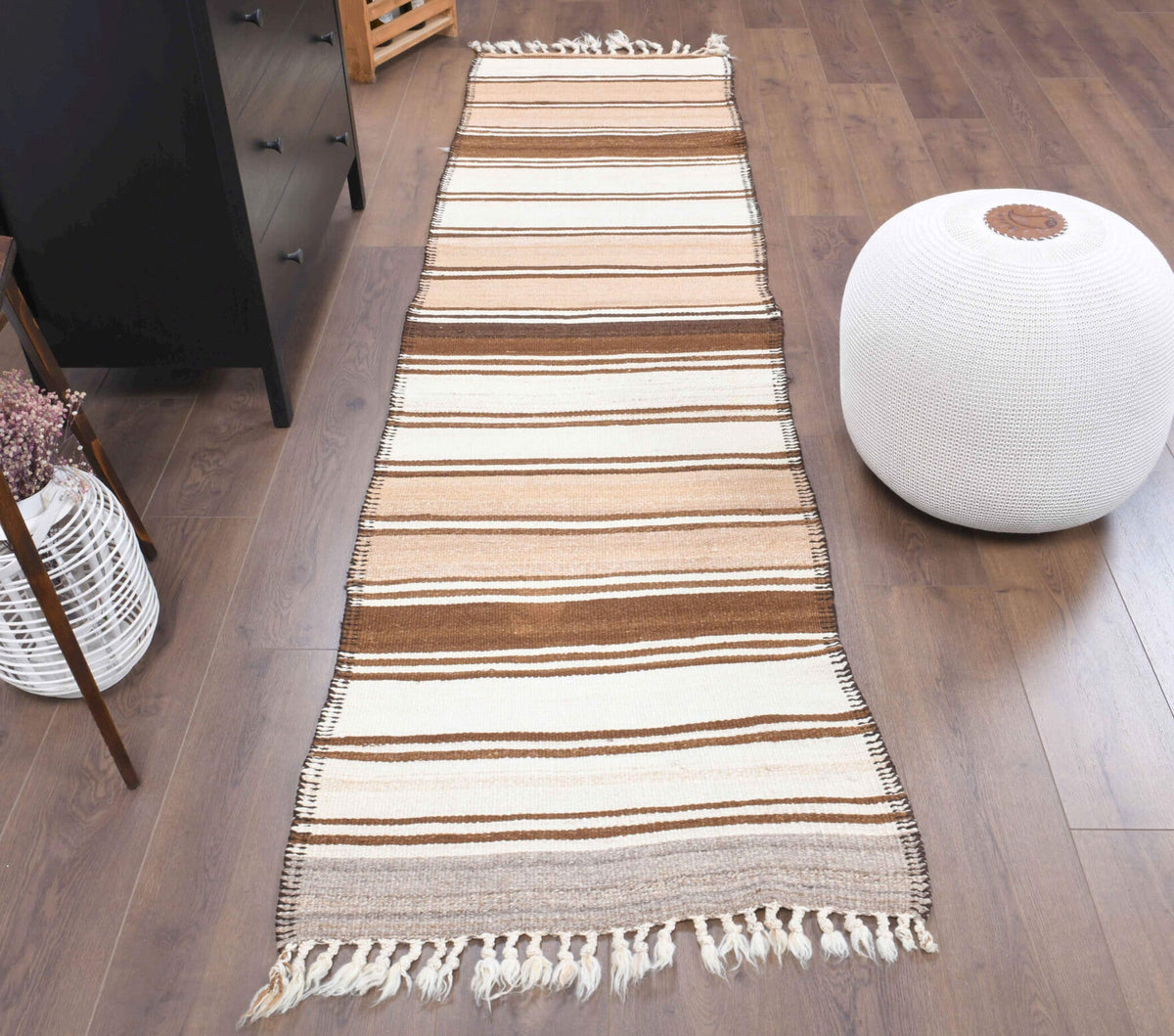 El yapımı vintage yolluk 76x277 cm çizgili desenli yün - detay görünümü