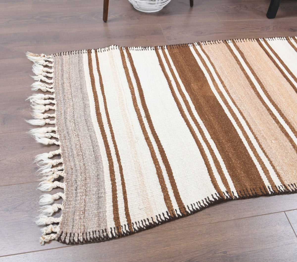 El yapımı vintage yolluk 76x277 cm çizgili desenli yün - yakın çekim doku detayı