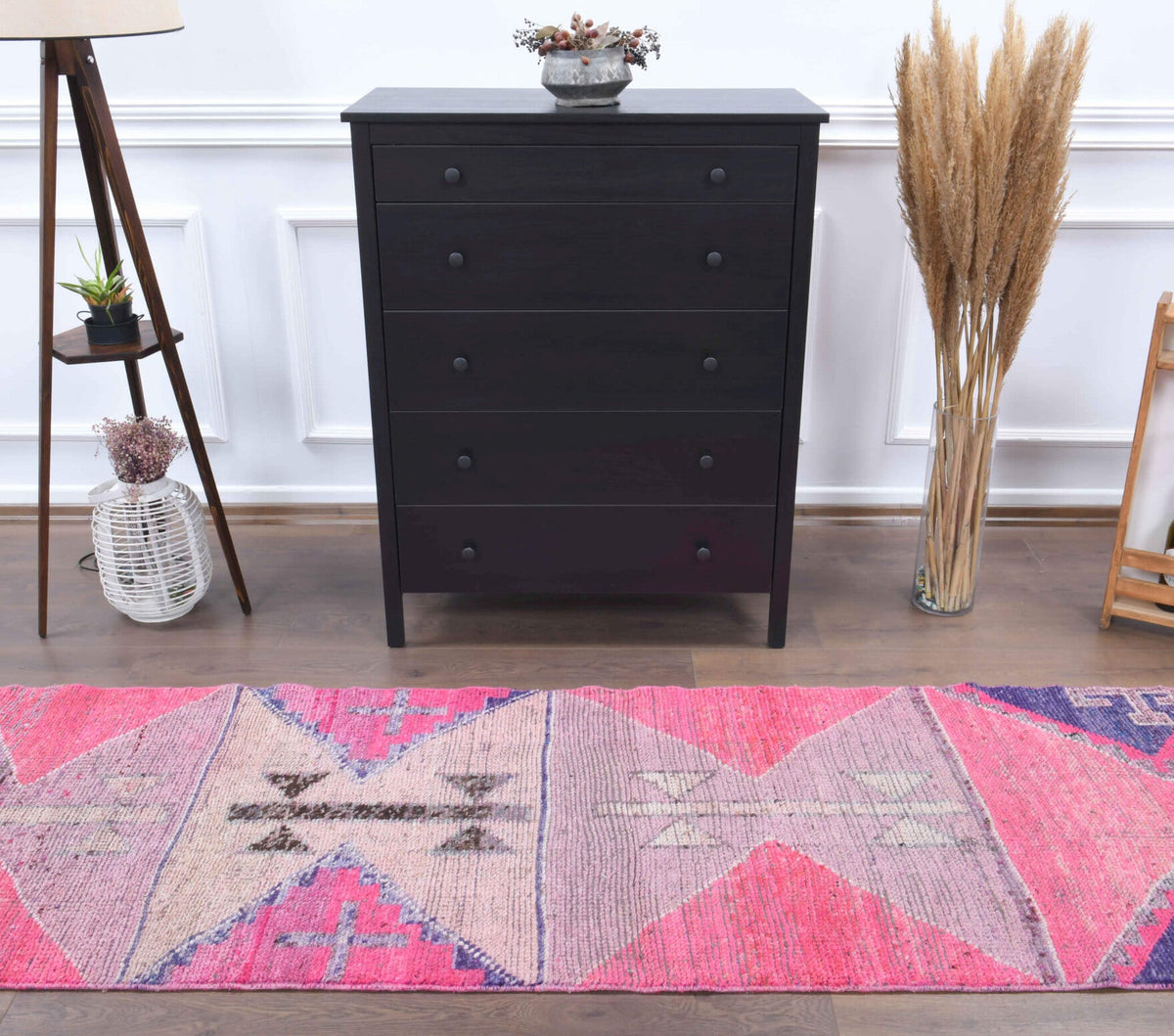El yapımı vintage yolluk 86x284 cm geometrik desenli yün - yakın çekim doku detayı