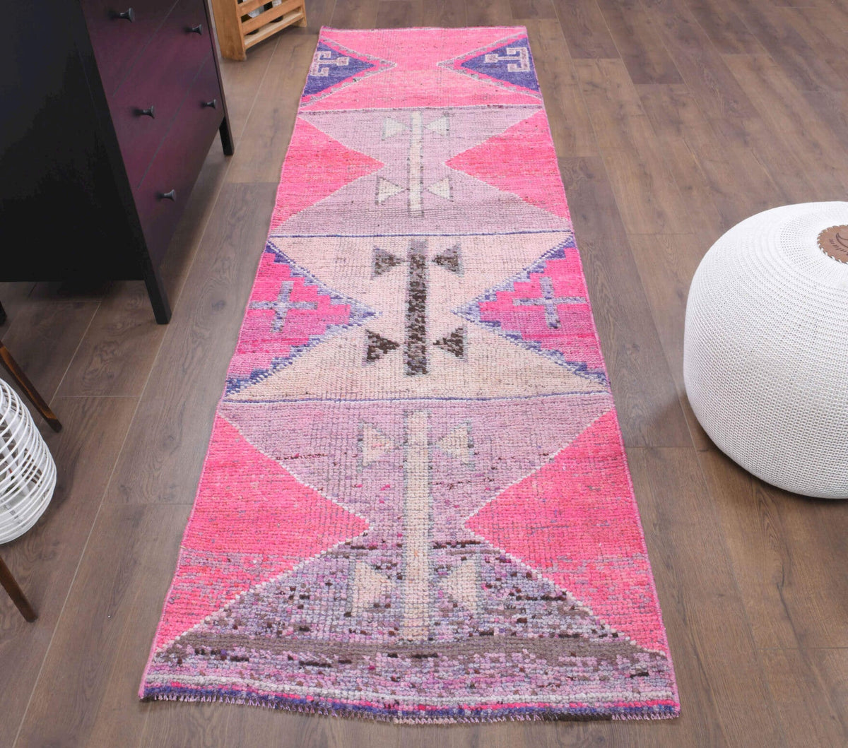 El yapımı vintage yolluk 86x284 cm geometrik desenli yün - detay görünümü