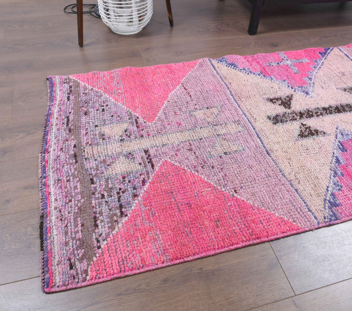 El yapımı vintage yolluk 86x284 cm geometrik desenli yün - kenar ve saçak detayı