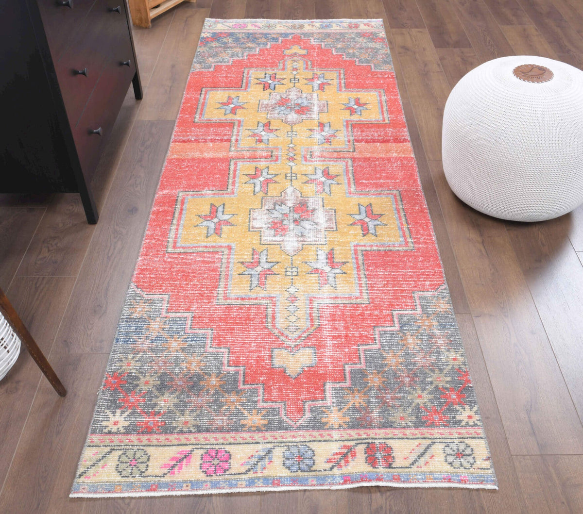 El yapımı vintage yolluk 94x259 cm oryantal desenli yün - açık alan görünümü