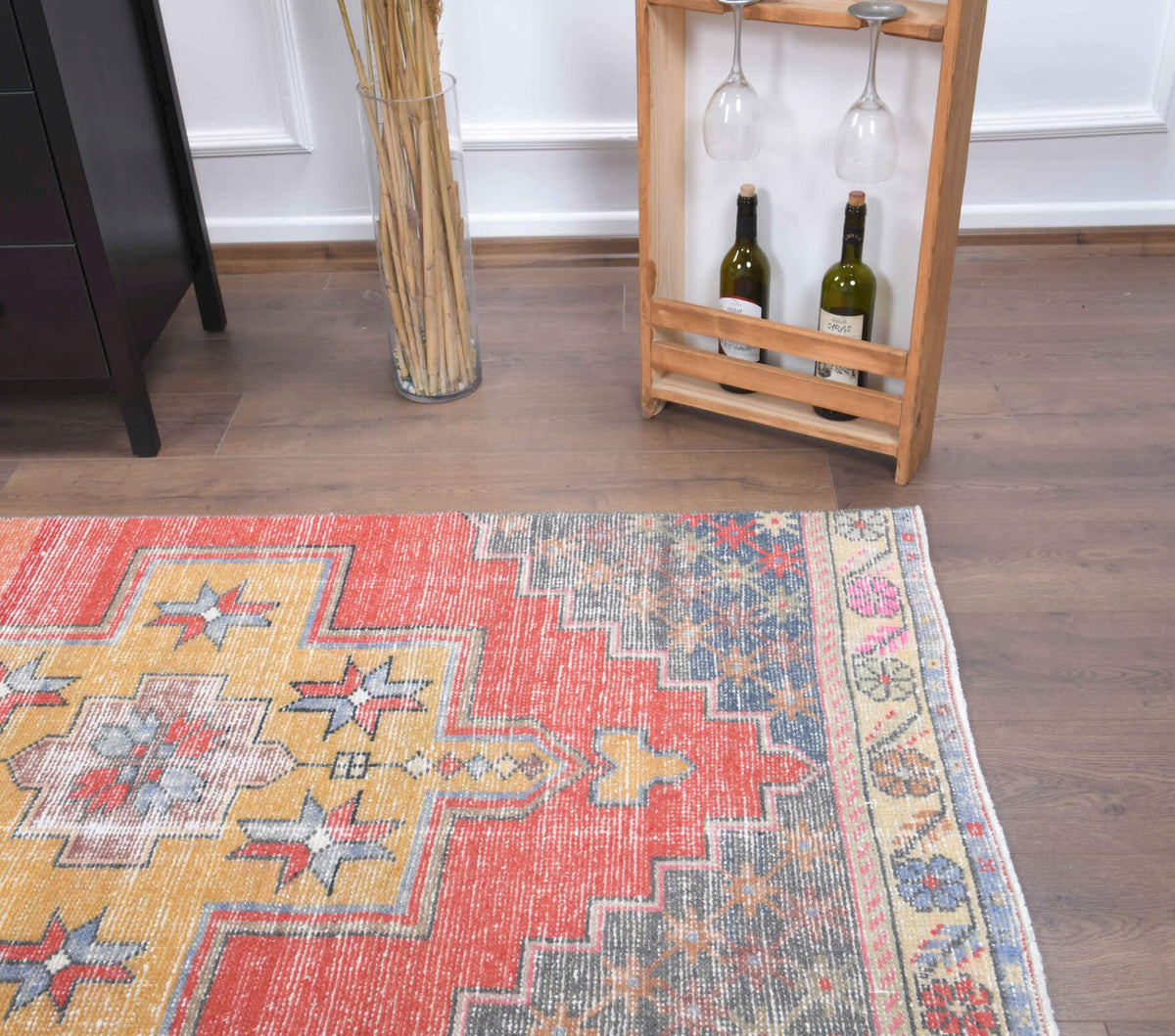 El yapımı vintage yolluk 94x259 cm oryantal desenli yün - üstten görünüm