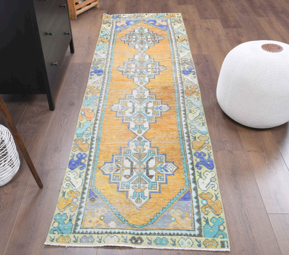 El yapımı vintage yolluk 81x272 cm oryantal desenli yün - yakın çekim doku detayı