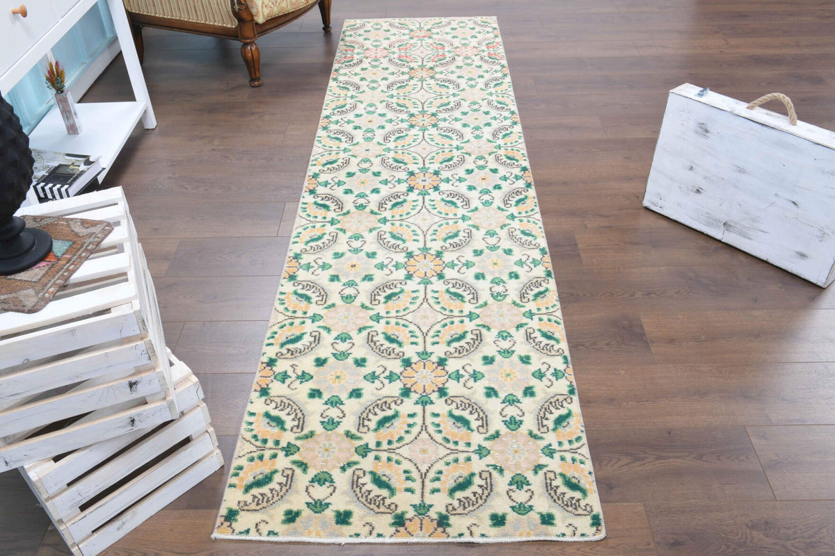 El yapımı vintage yolluk 76x287 cm çiçek desenli desenli yün - ışık altında renk detayı