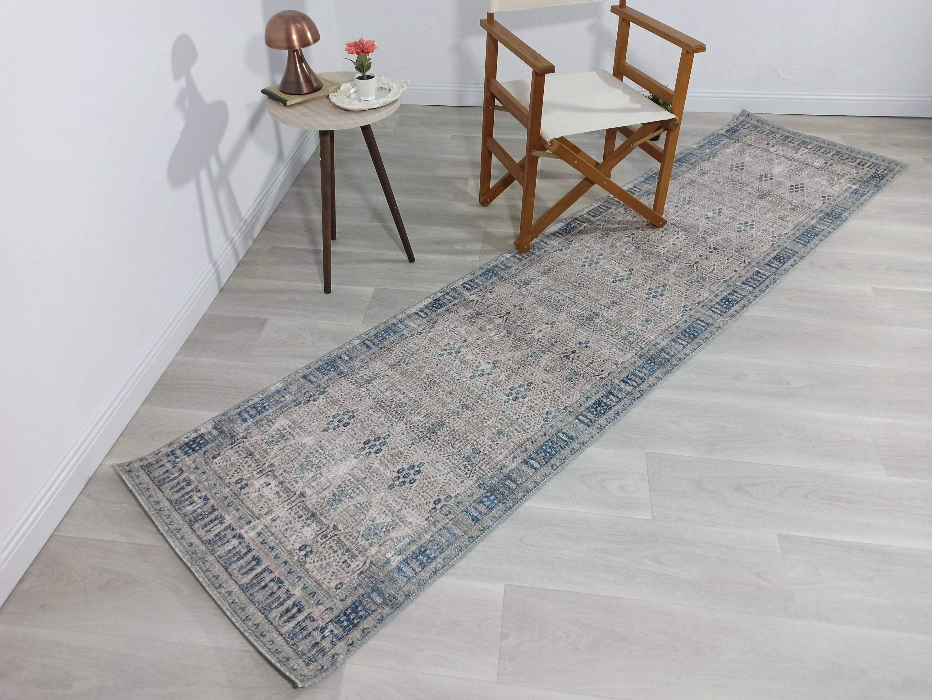 Mavi ve Gri Eskitme Desenli Vintage Halı - OUTLET - 40025MGOU