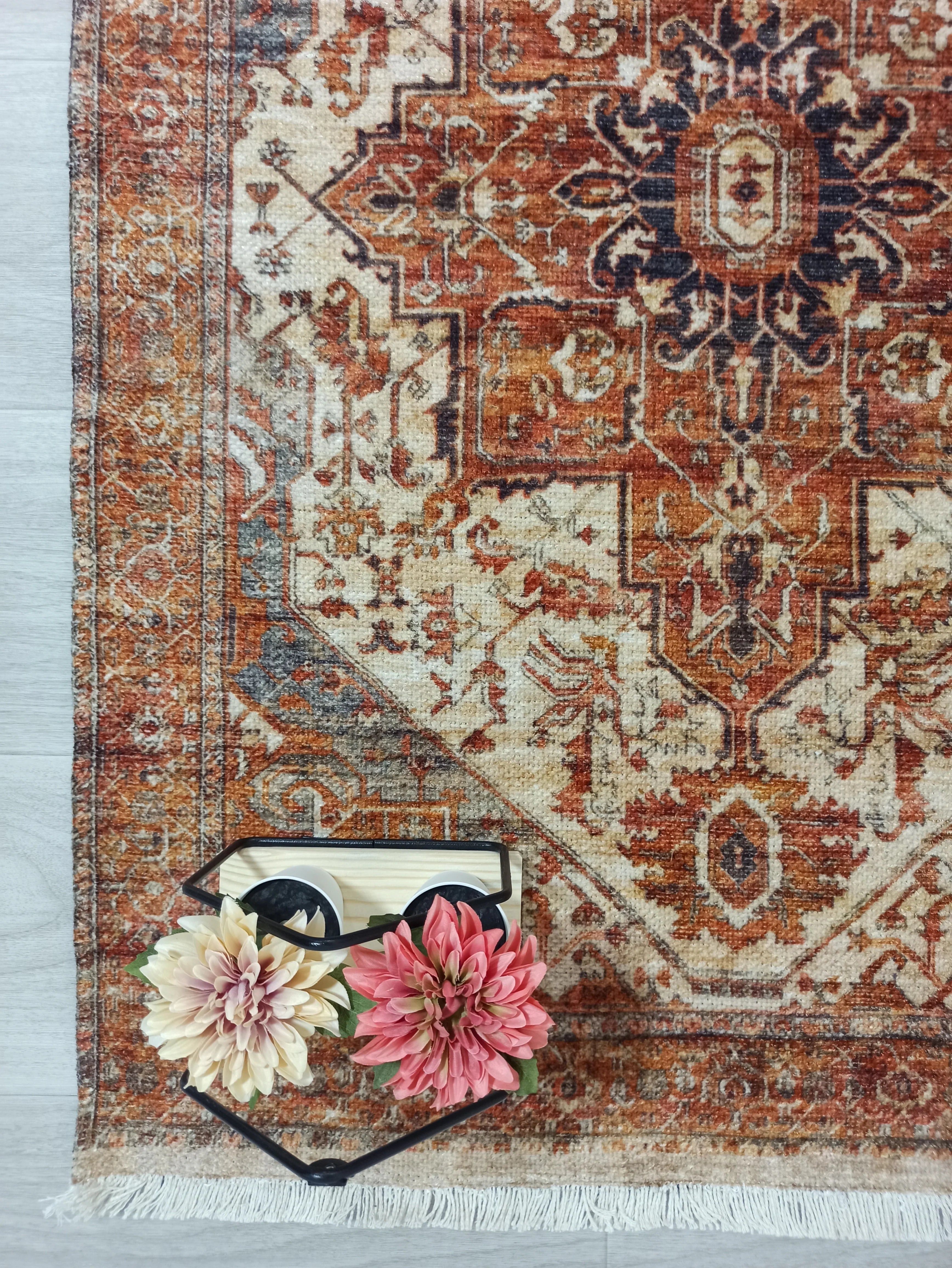 Pas Kırmızısı ve Krem Medalyonlu Vintage Halı - OUTLET - 4306OU
