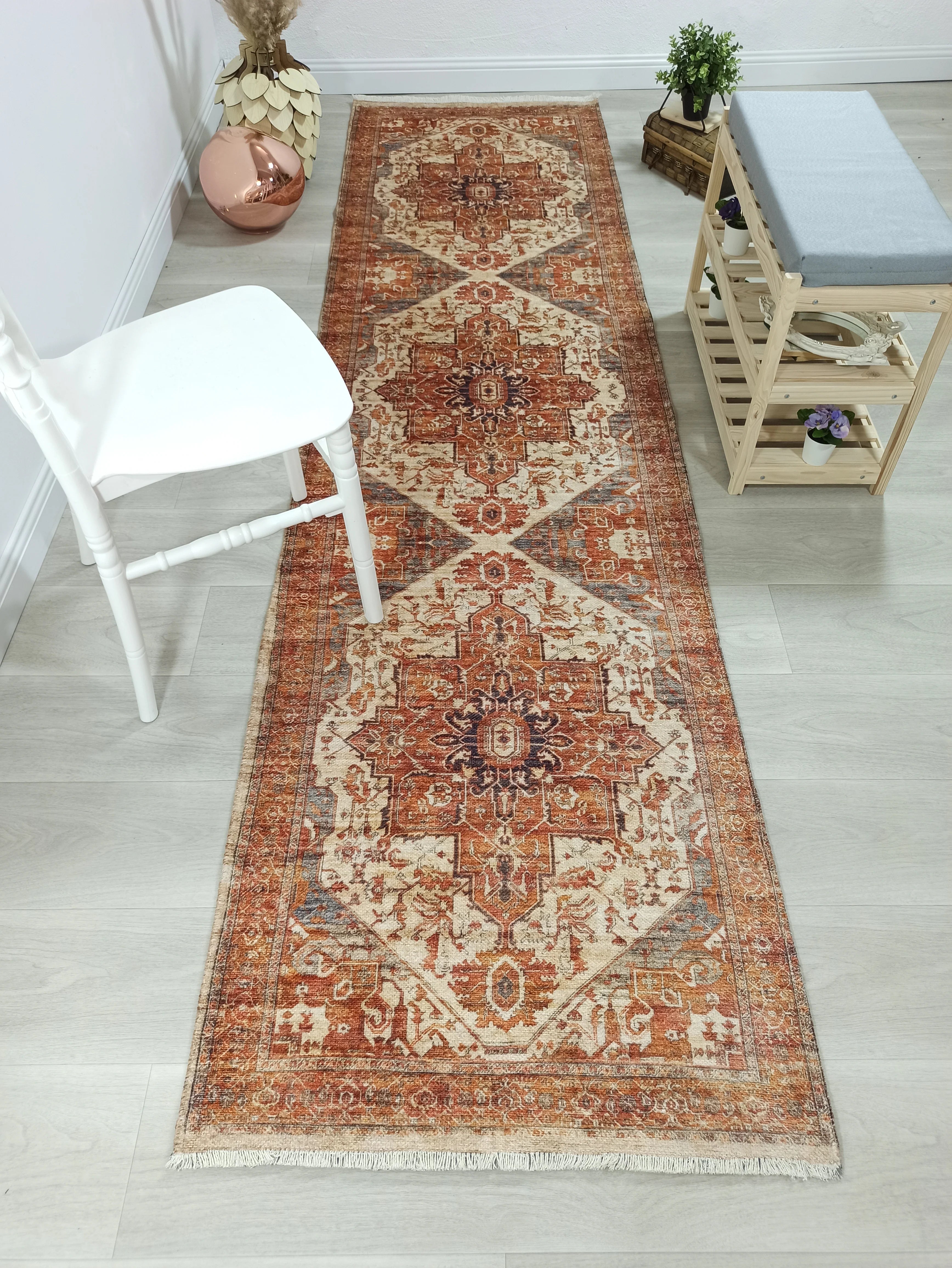 Pas Kırmızısı ve Krem Medalyonlu Vintage Halı - OUTLET - 4306OU