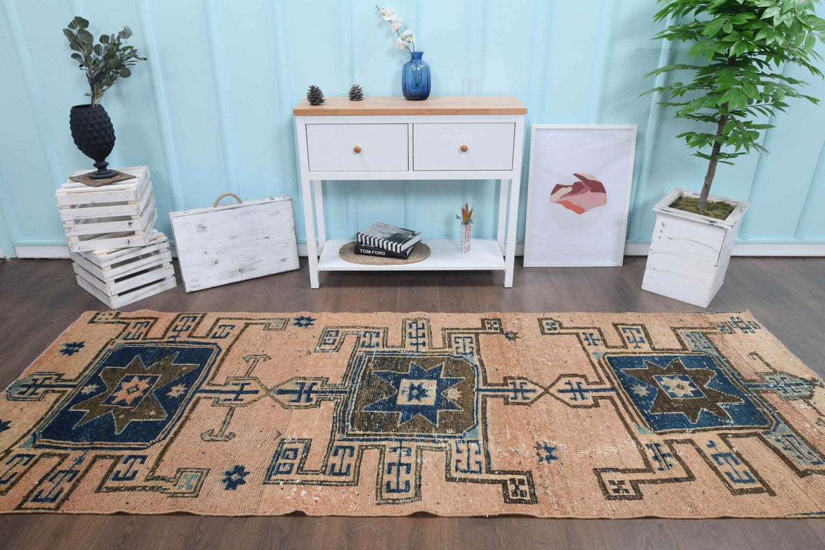 El yapımı vintage yolluk 91x274 cm oryantal desenli yün - yakın çekim doku detayı