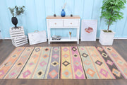 1960'lardan Anadolu kökenli ikat desenli vintage kilim yolluk, 129x297 cm