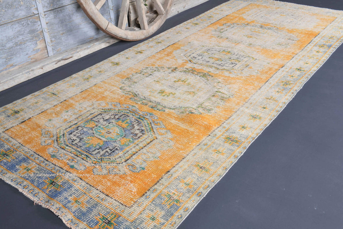 El yapımı vintage yolluk 132x323 cm oryantal desenli yün - yakın çekim doku detayı