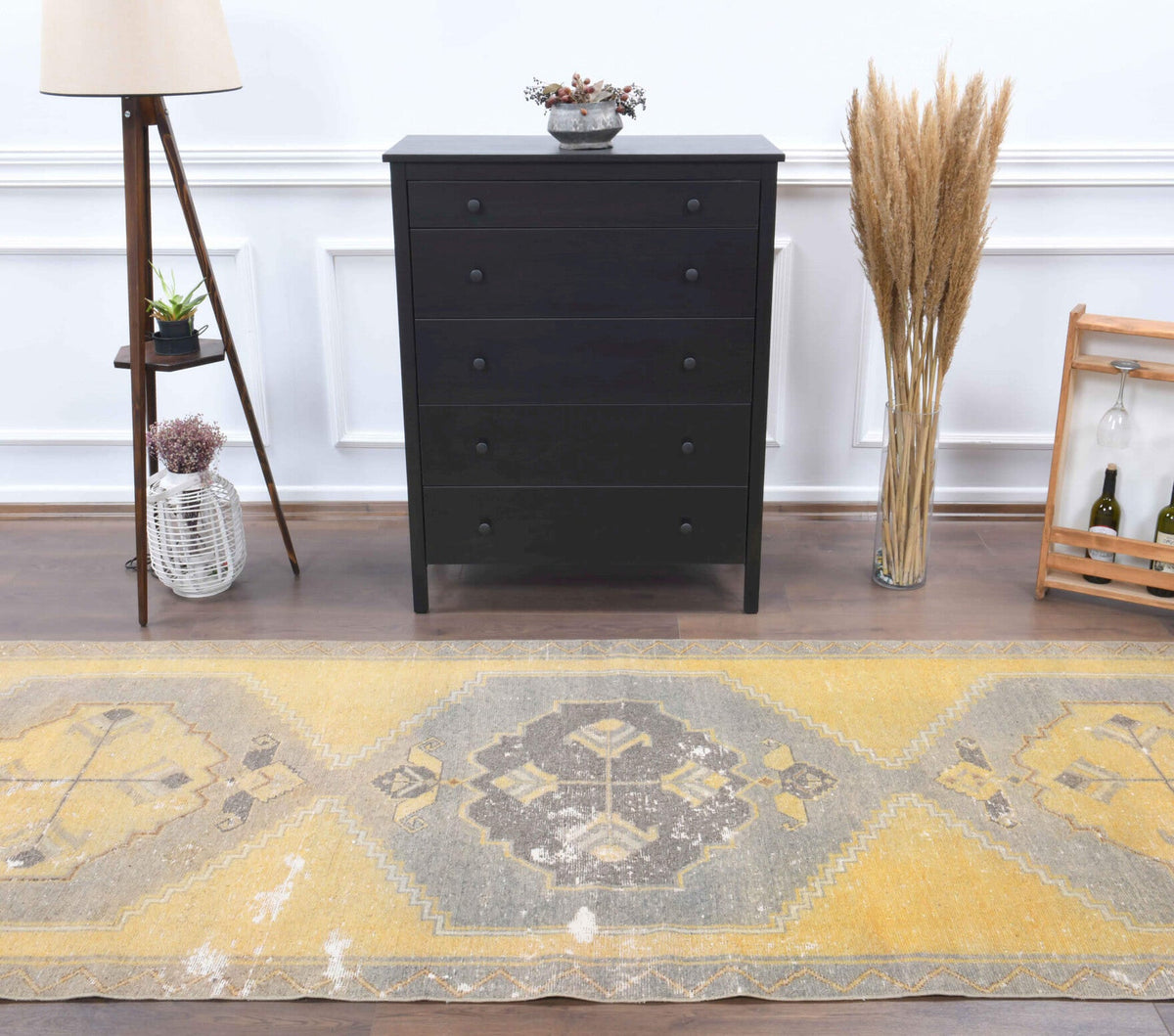 El yapımı vintage yolluk 124x330 cm oryantal desenli yün - detay görünümü