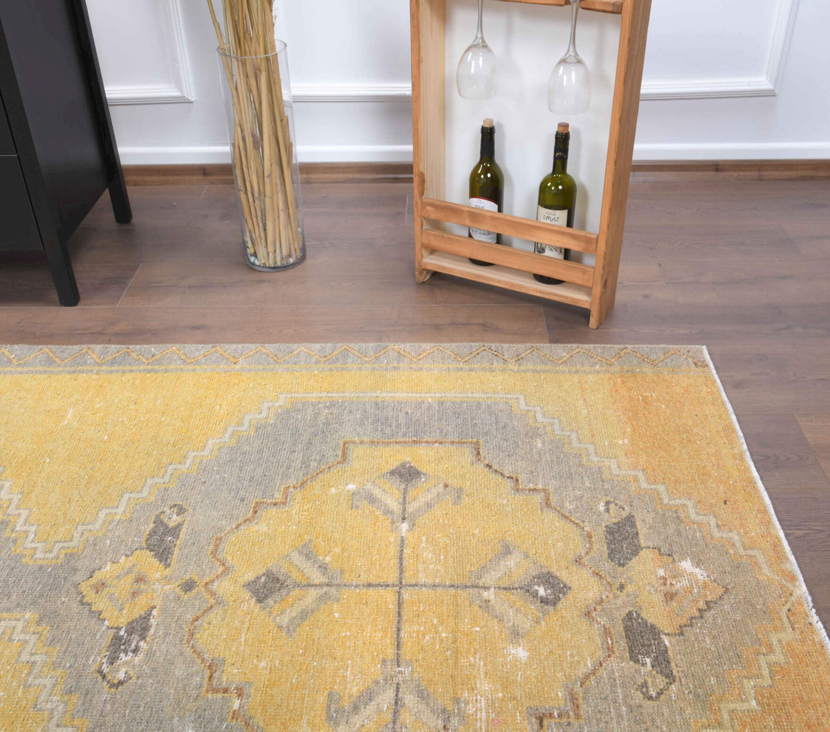 El yapımı vintage yolluk 124x330 cm oryantal desenli yün - üstten görünüm