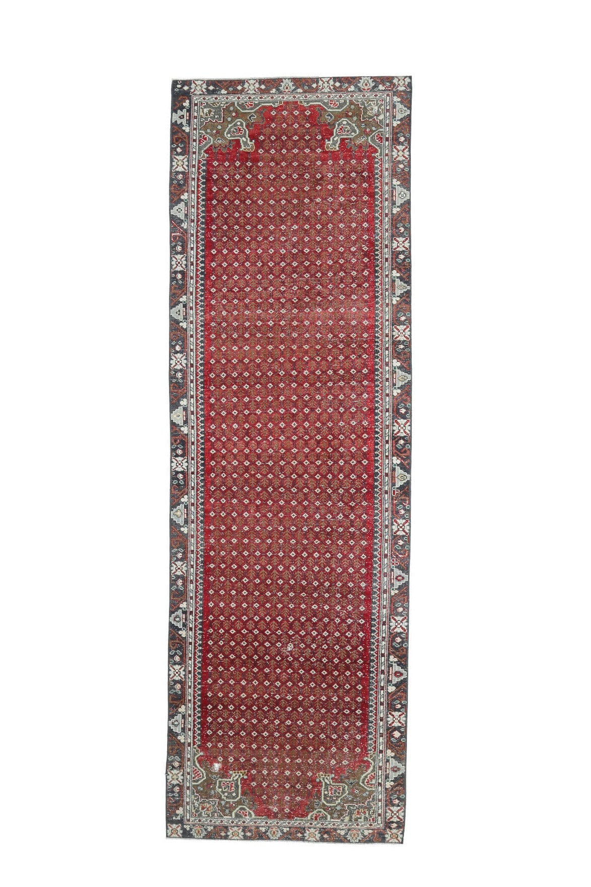 110x358 cm kırmızı ikat desenli el dokuma vintage yolluk – üstten tam görünüm