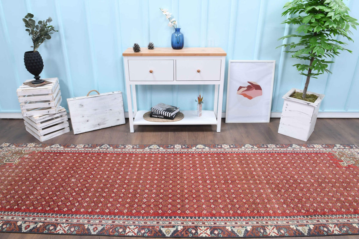 El yapımı vintage yolluk 109x356 cm i̇kat desenli yün - yakın çekim doku detayı