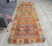1960'lardan Anadolu kökenli ikat desenli vintage kilim yolluk, 120x377 cm