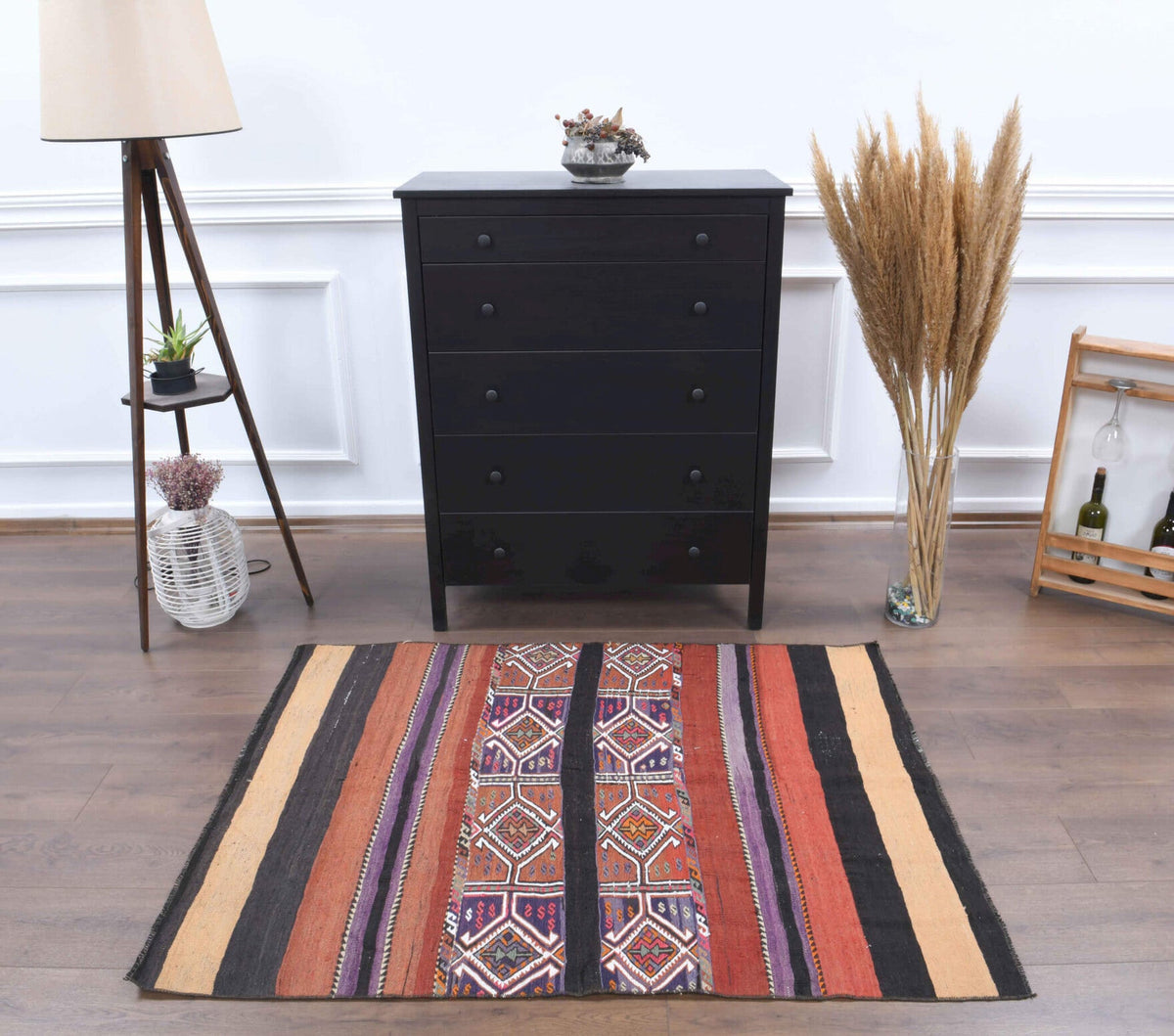 El yapımı vintage halı 112x150 cm kilim desenli yün - detay görünümü